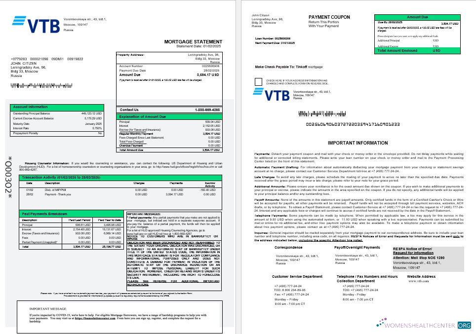 Download Russia VTB bank mortgage statement in Word and PDF formats 1 2 Photoshop template